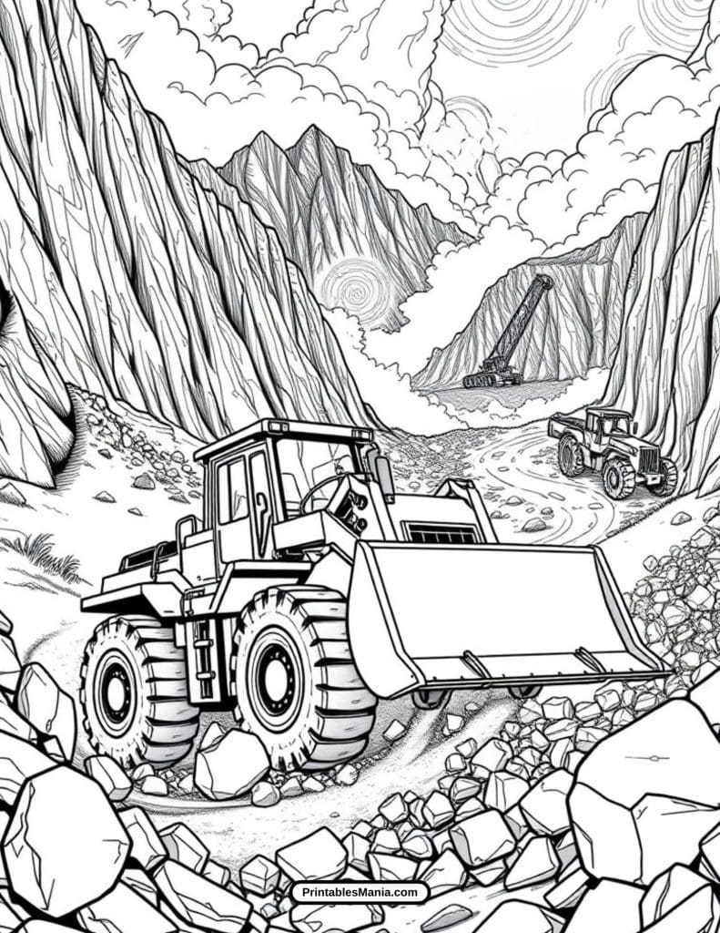 bulldozer and crane coloring sheet with a busy worksite theme