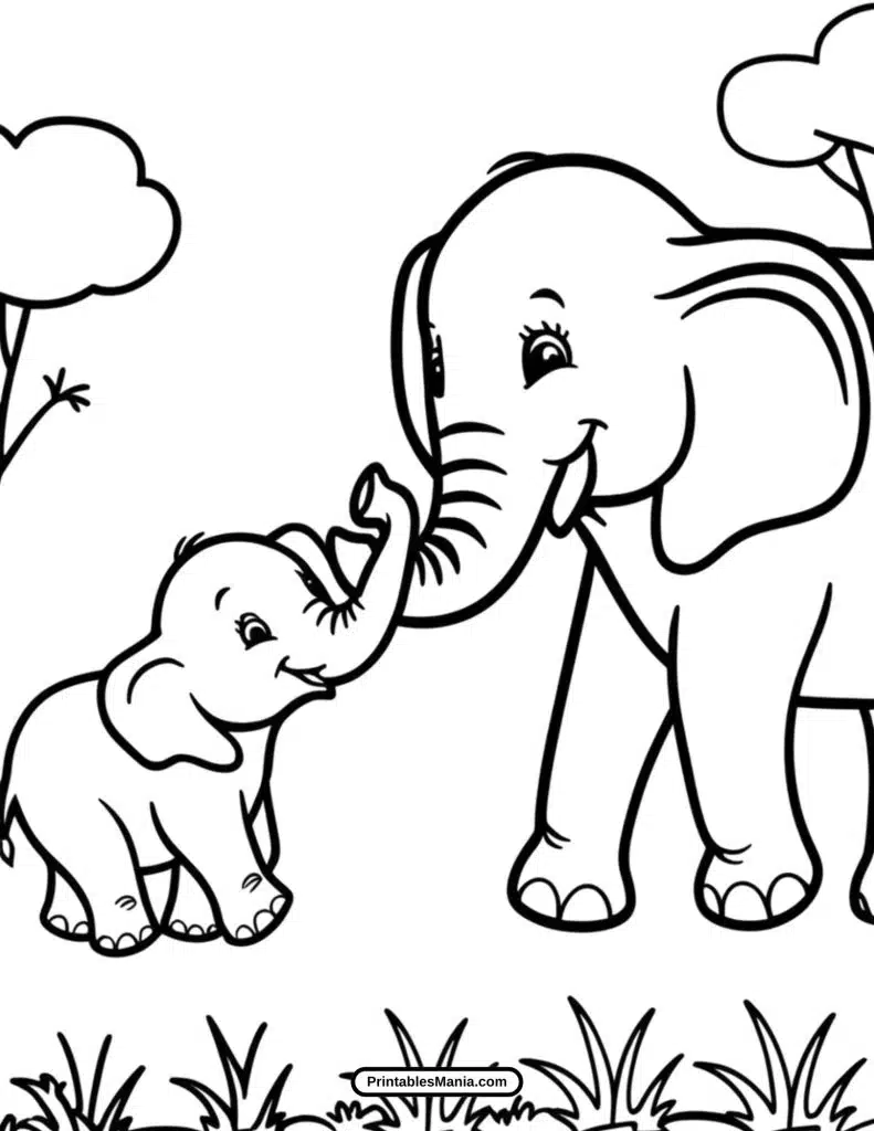 mother and baby elephant coloring page to print