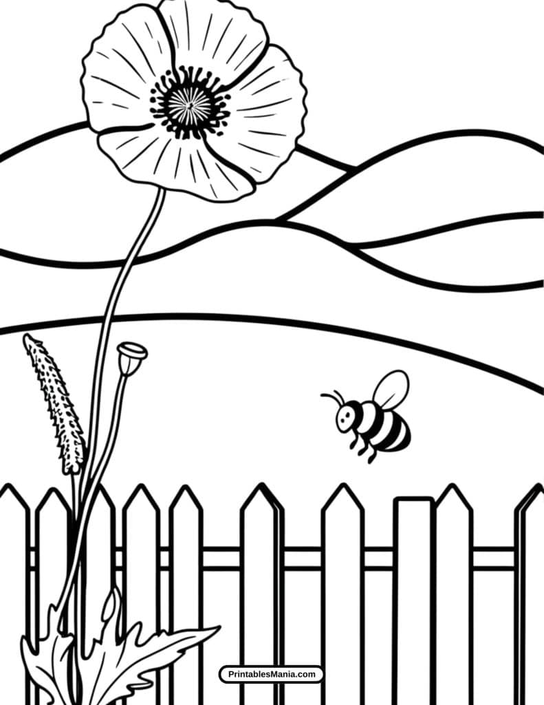 poppy coloring sheet with bees and flowers