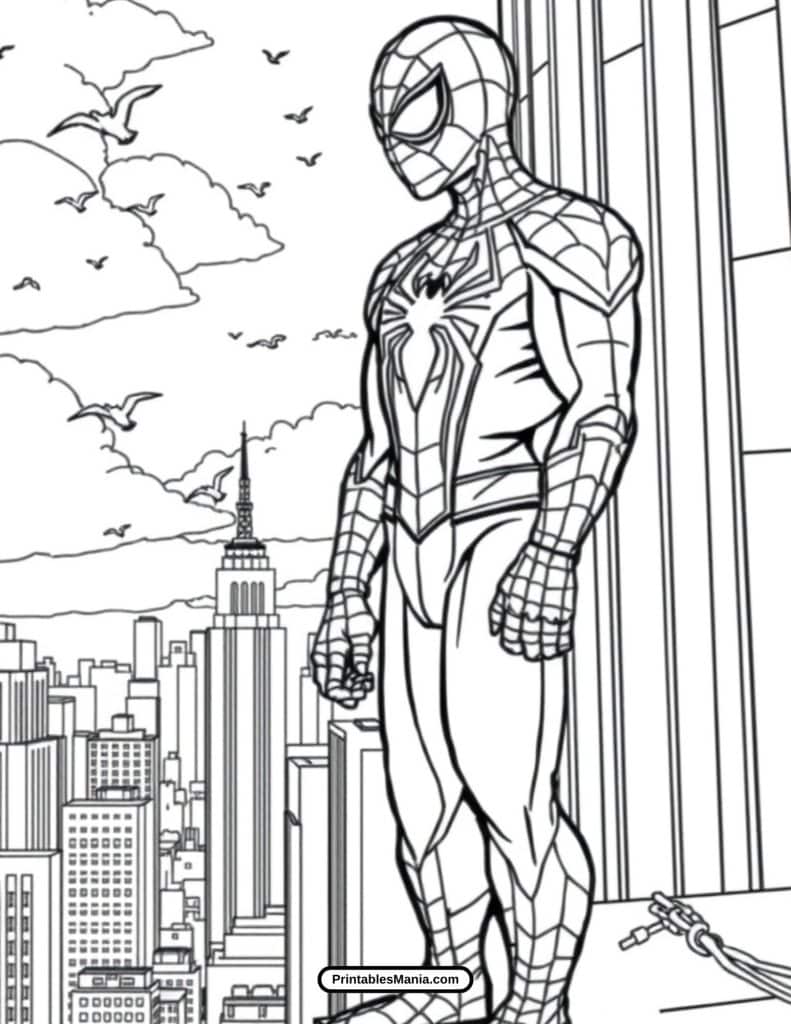 spiderman striking a powerful pose coloring page