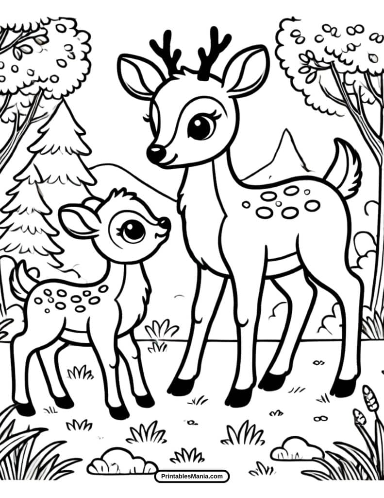 mother deer with baby resting coloring sheet