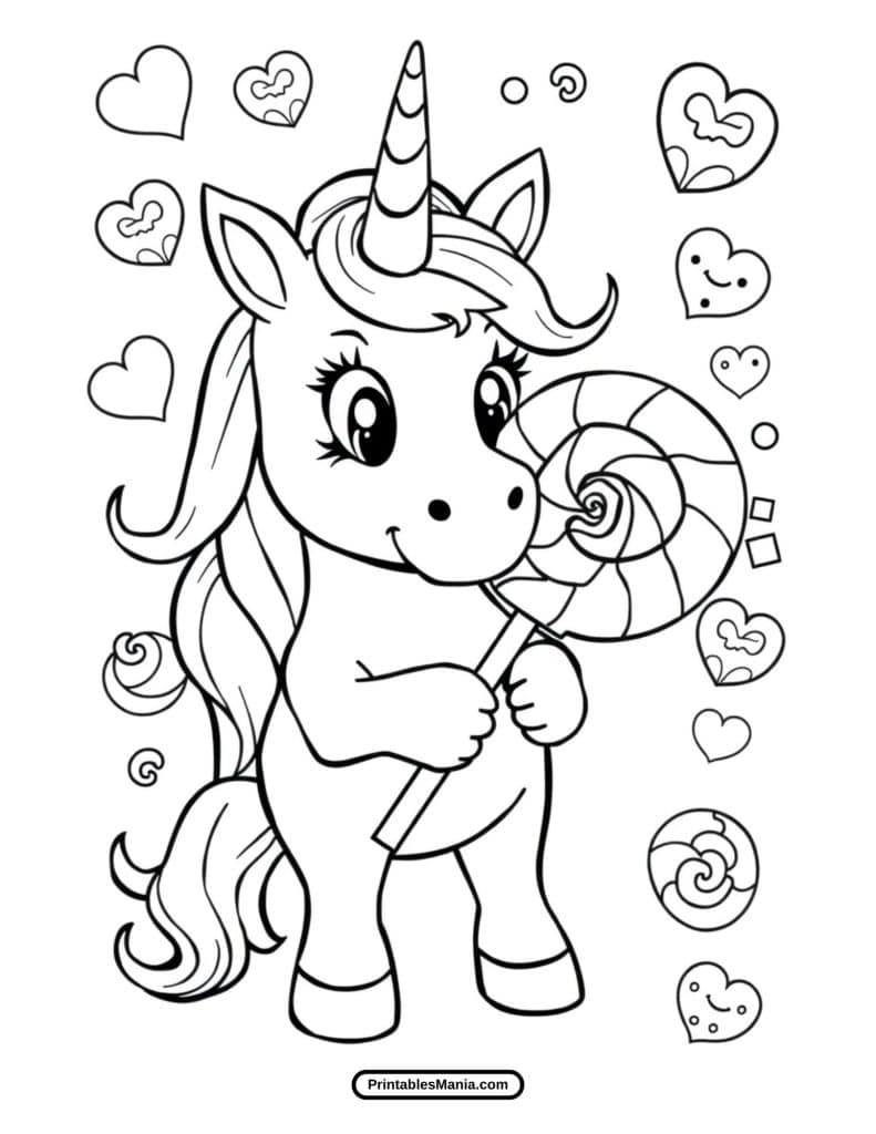 magical unicorn in a fantastical landscape coloring page