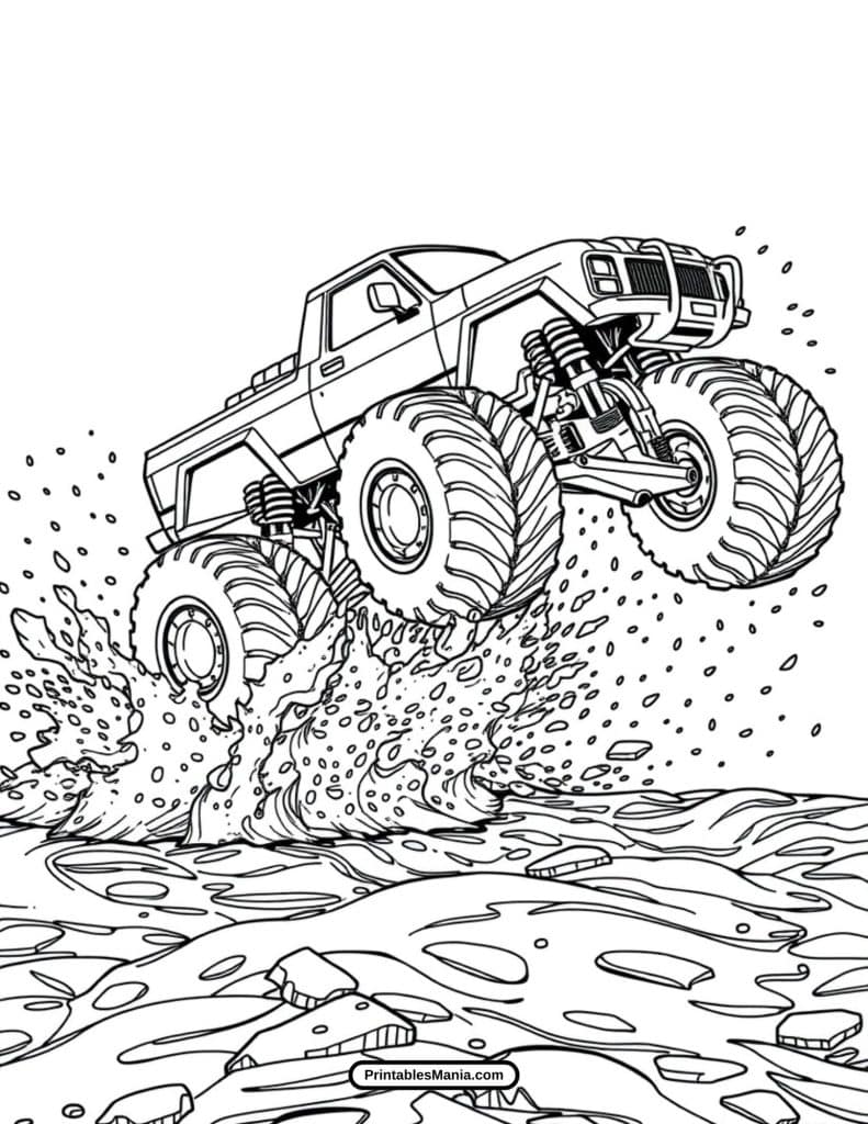 mud-splashing monster truck coloring sheet