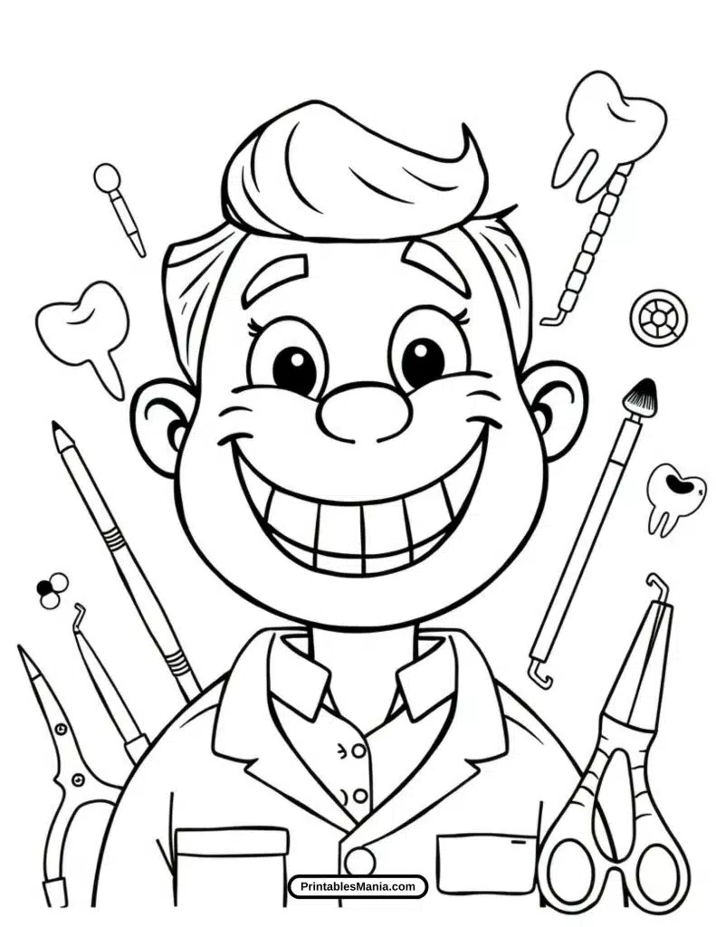 dentist and dental tools coloring page for education