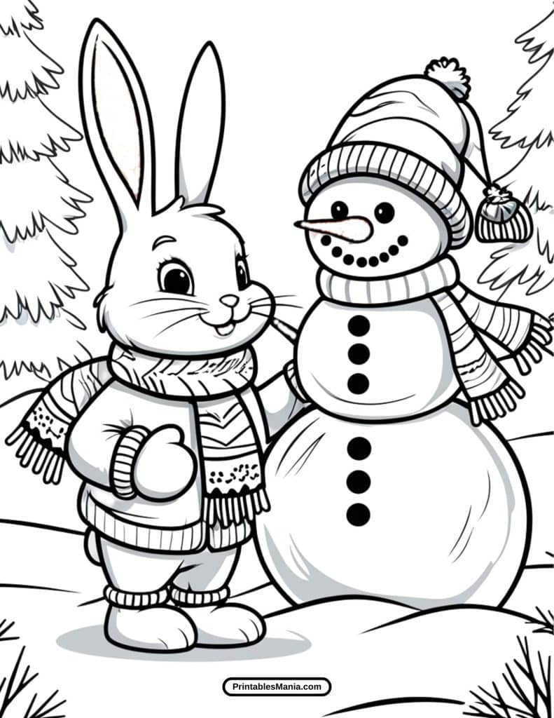 bunny wearing a scarf coloring page for a winter theme