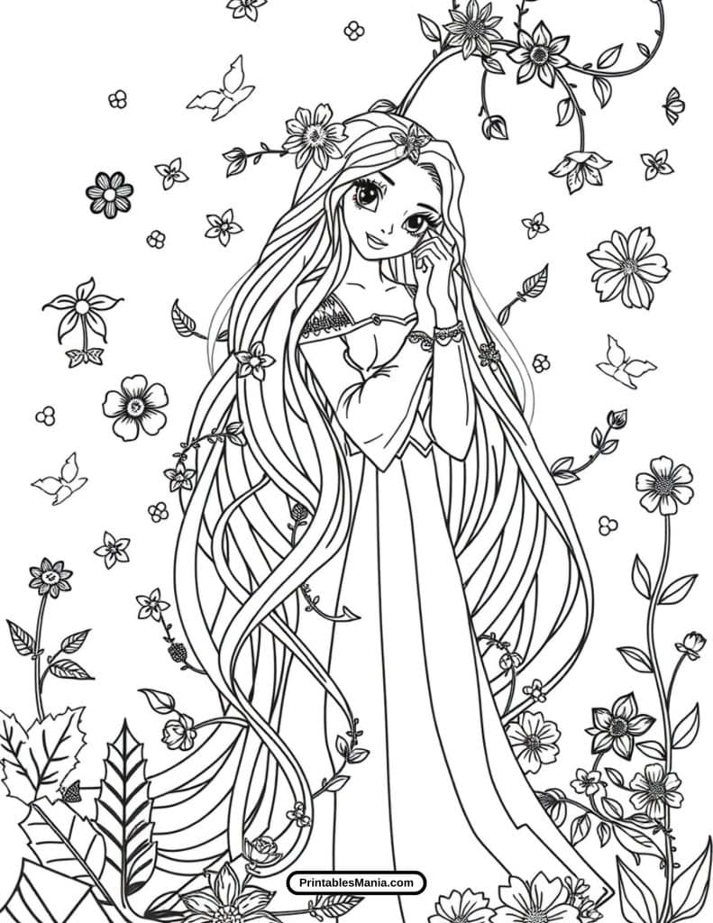 rapunzel with flowers in hair coloring page