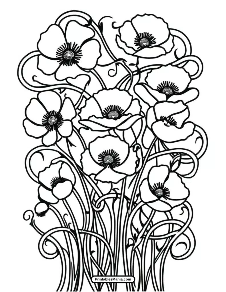 poppy coloring sheet with large blooms and leaves