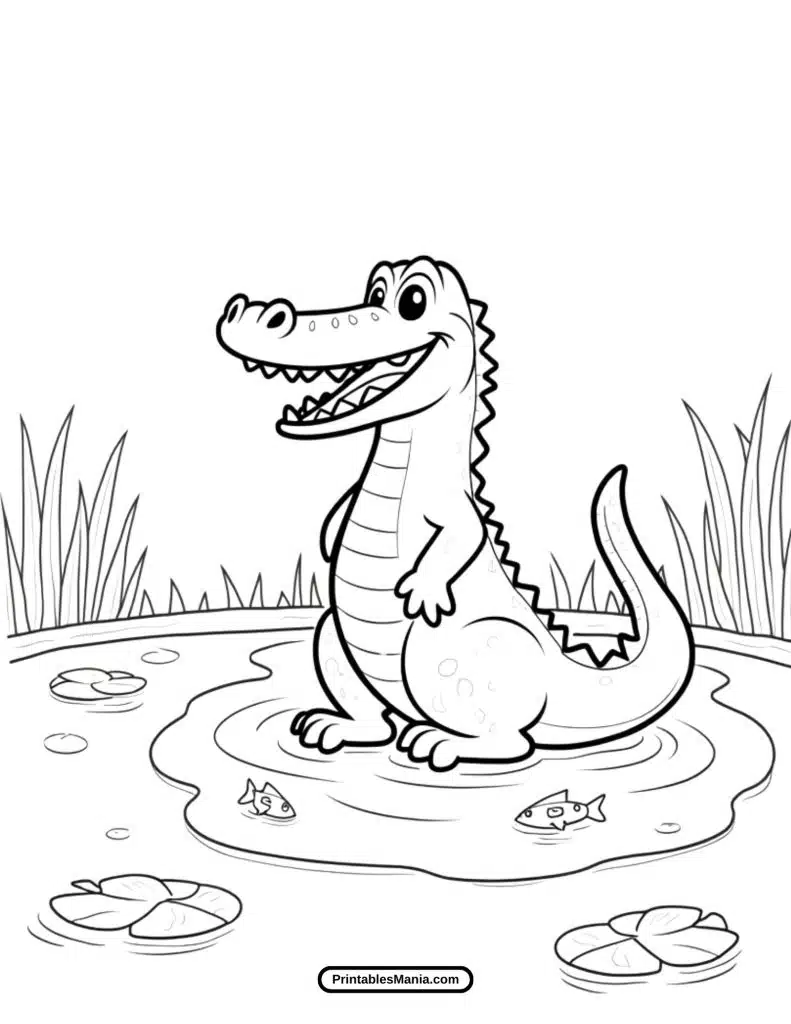 crocodile coloring page with swamp background