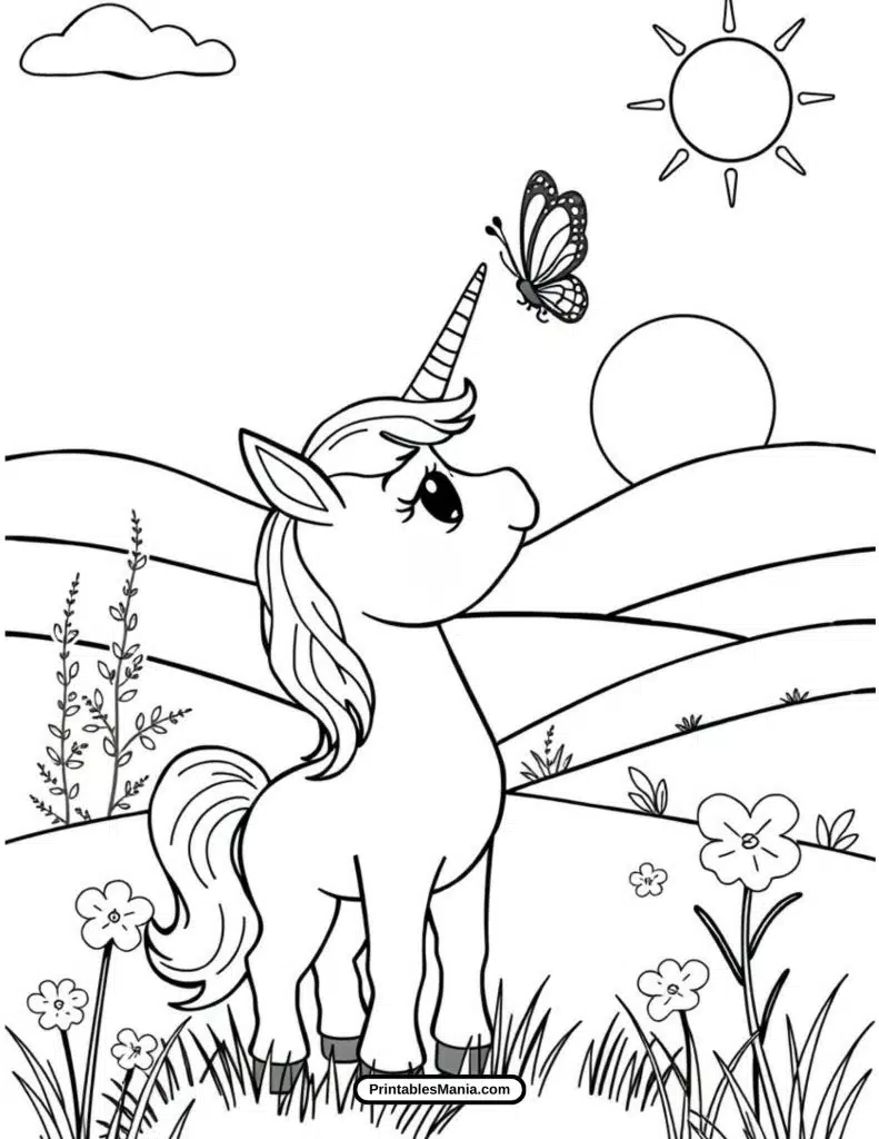 printable unicorn standing in a field coloring sheet