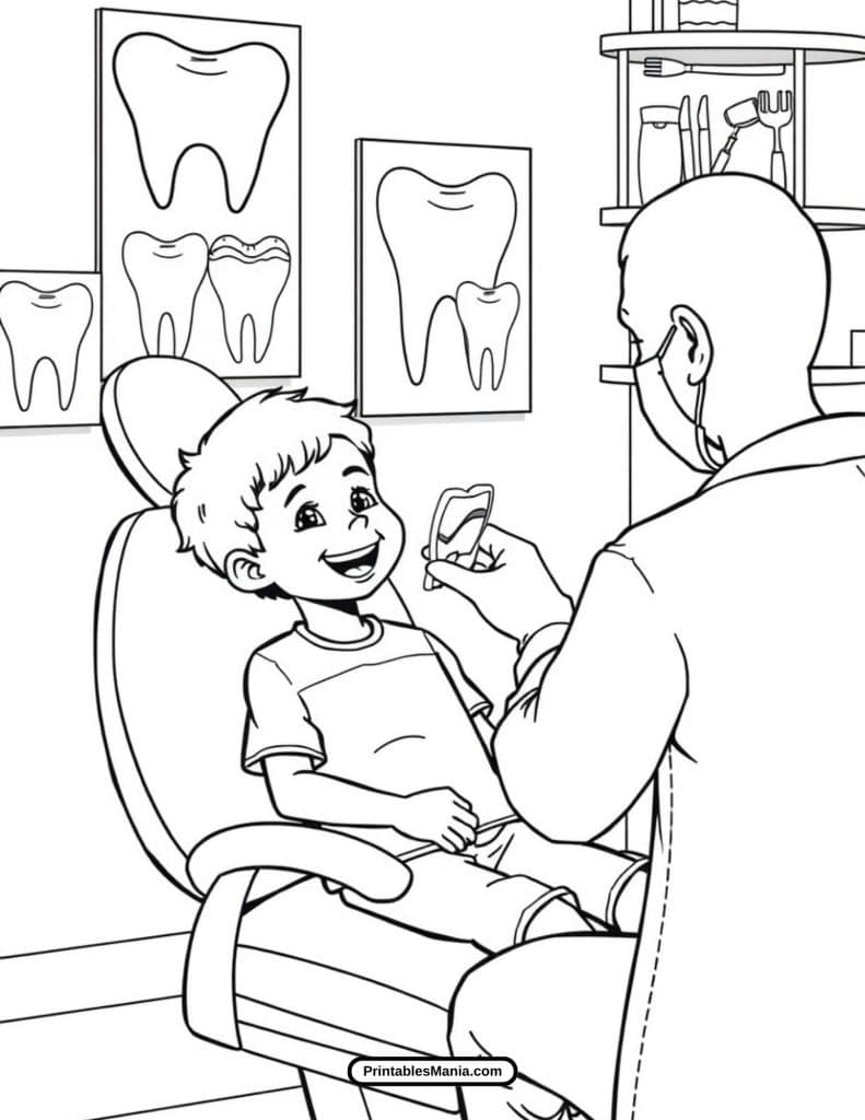 cute dentist and patient coloring page for children