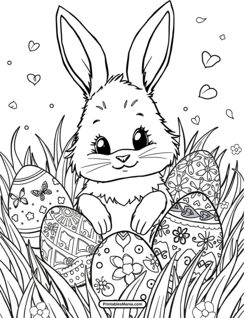 cute easter bunny coloring sheet with decorated eggs