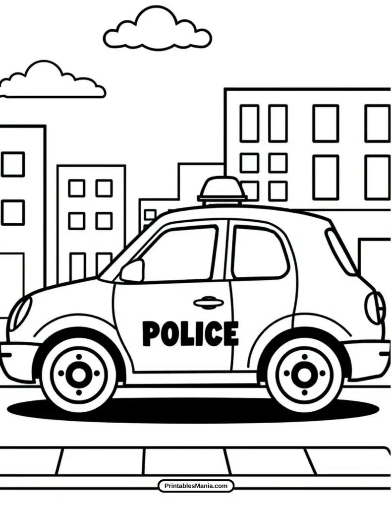 police car coloring page with flashing lights and sirens