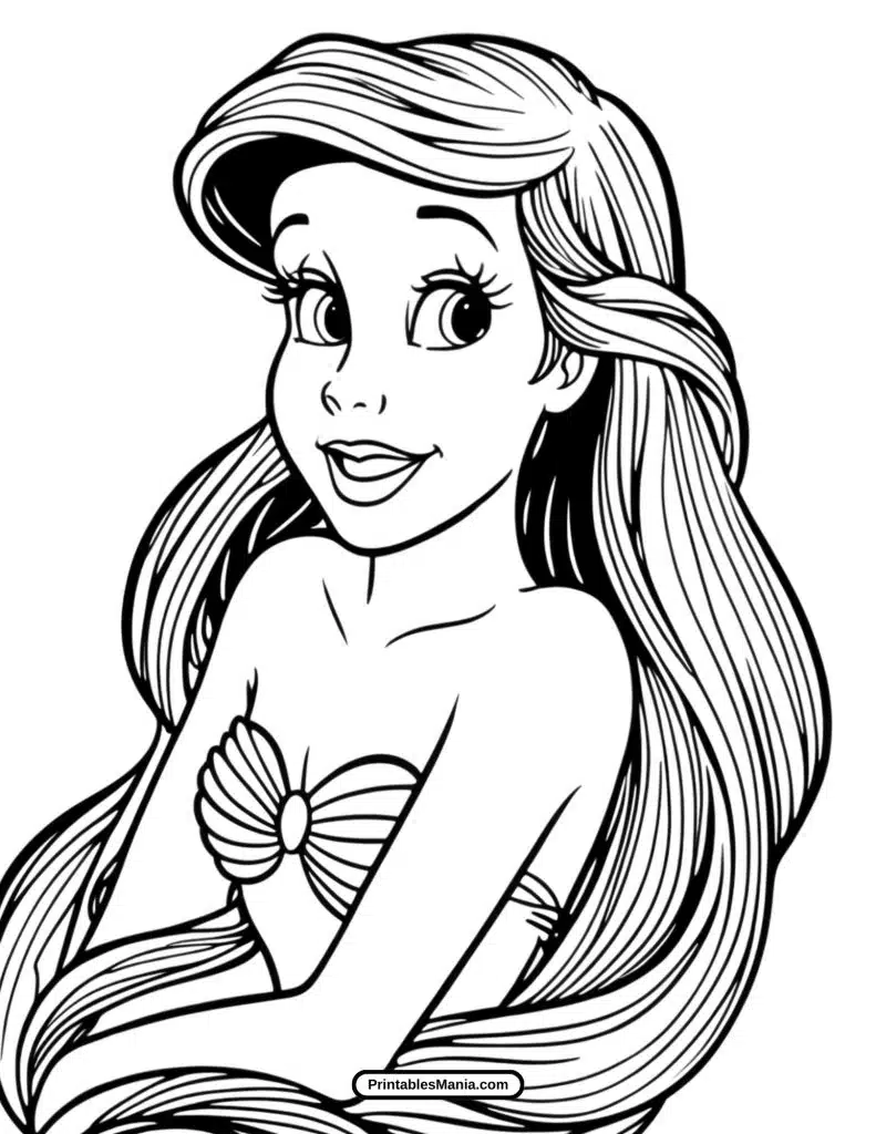 detailed ariel coloring page showcasing her beautiful tail and seashells