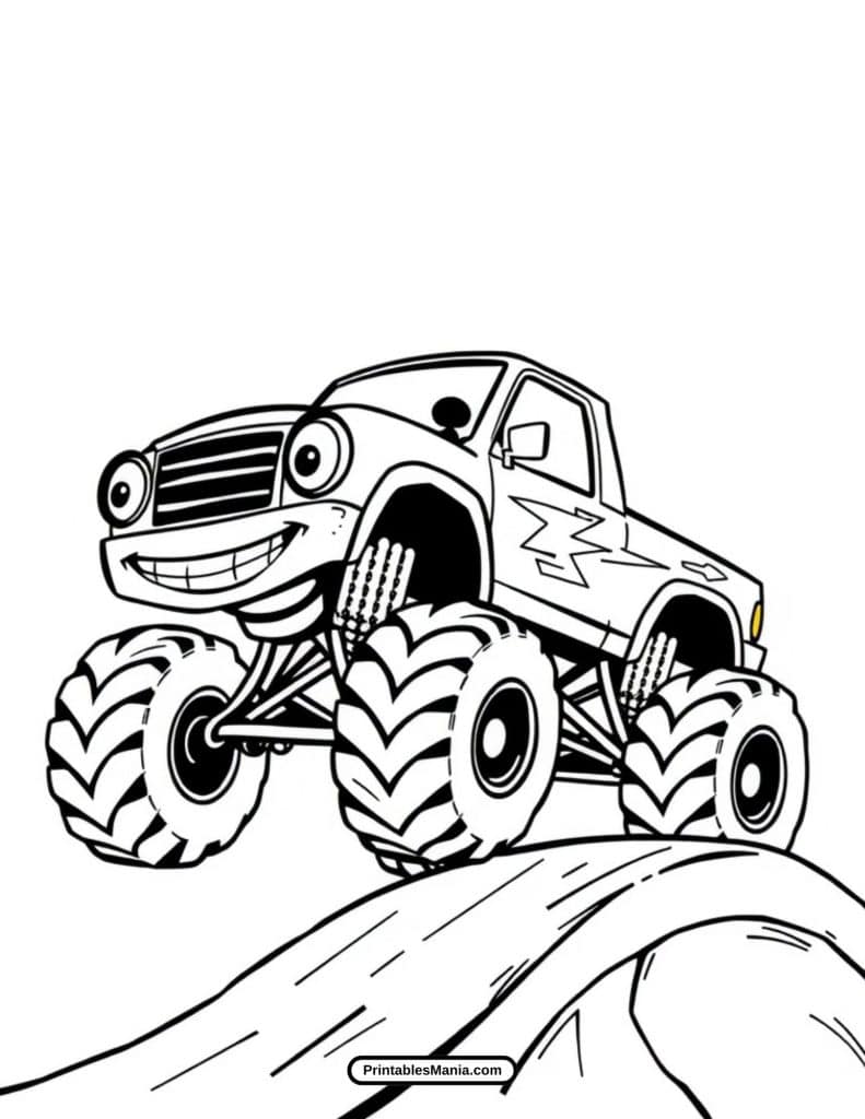 big monster truck climbing rocks coloring image