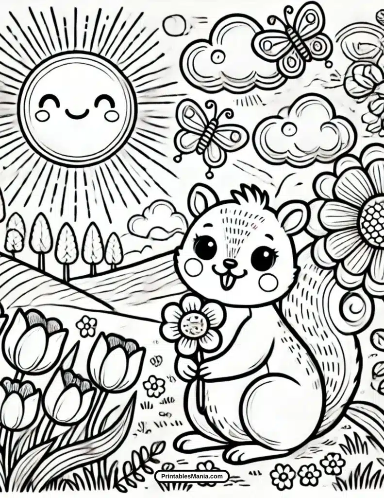 squirrel collecting flowers in spring coloring sheet