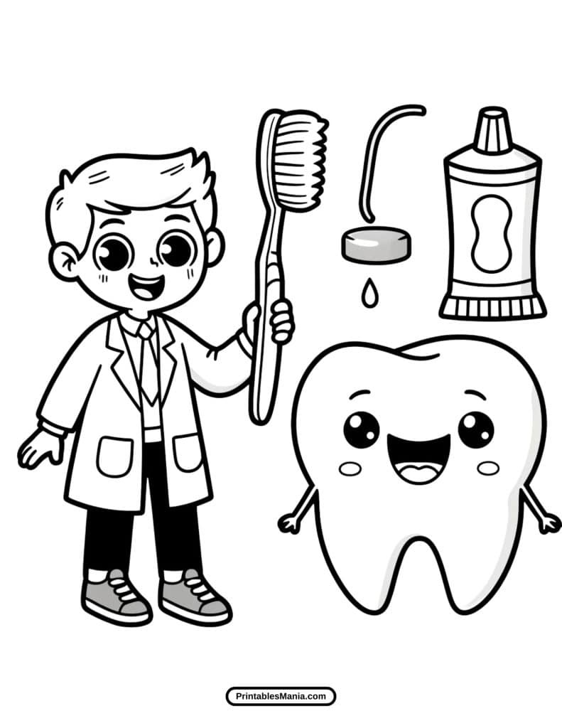 tooth brushing coloring page with toothbrush and toothpaste