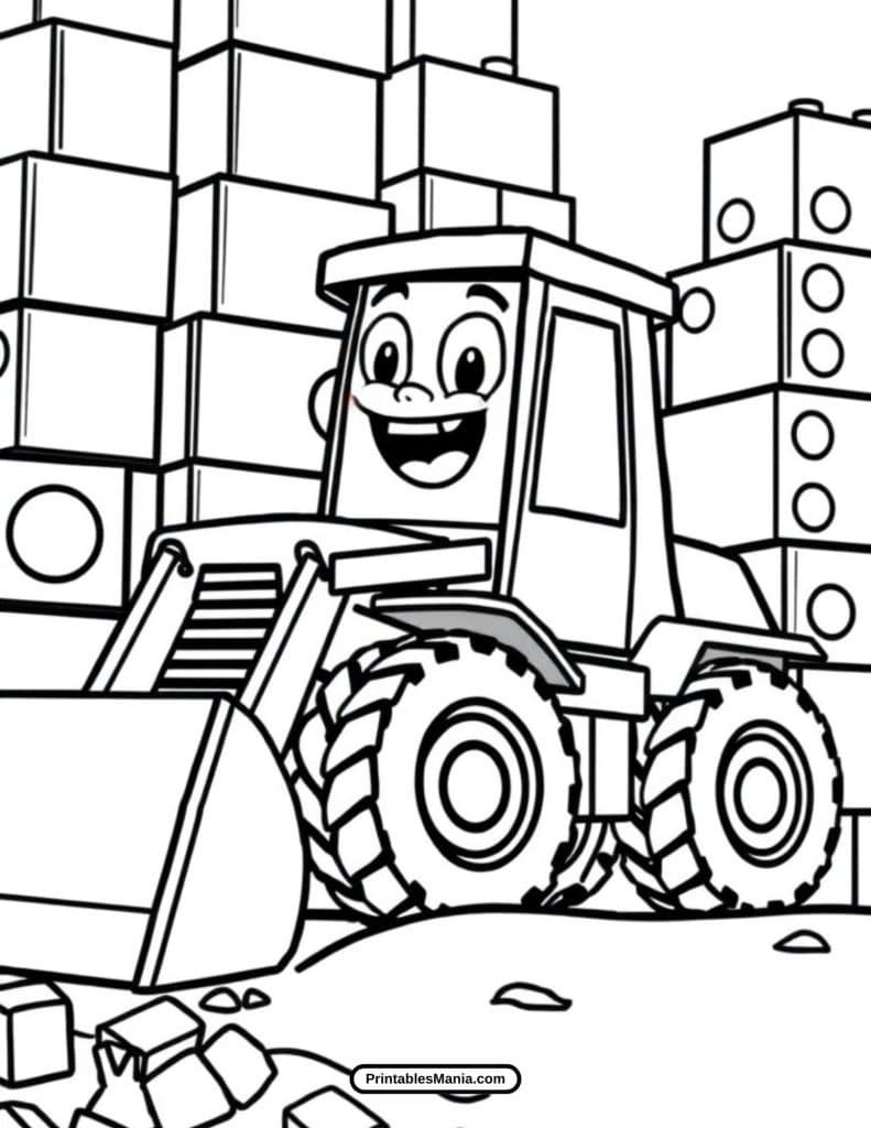 cute bulldozer coloring page with cartoon-style features