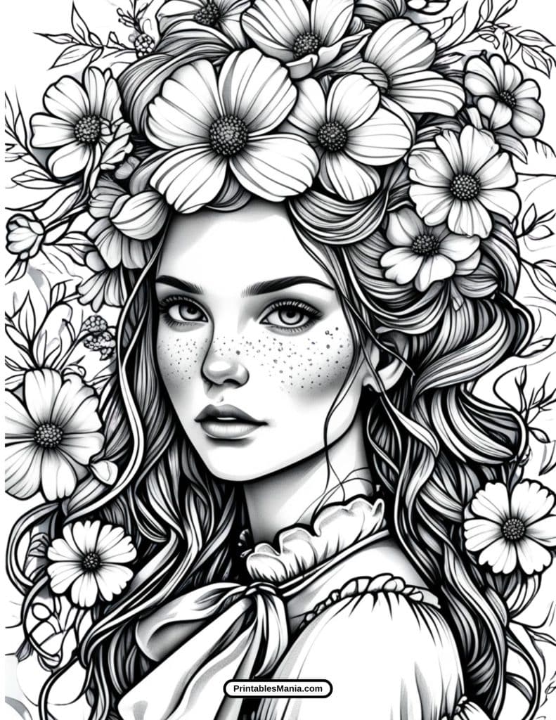 spring landscapes with girl and flowers coloring sheet