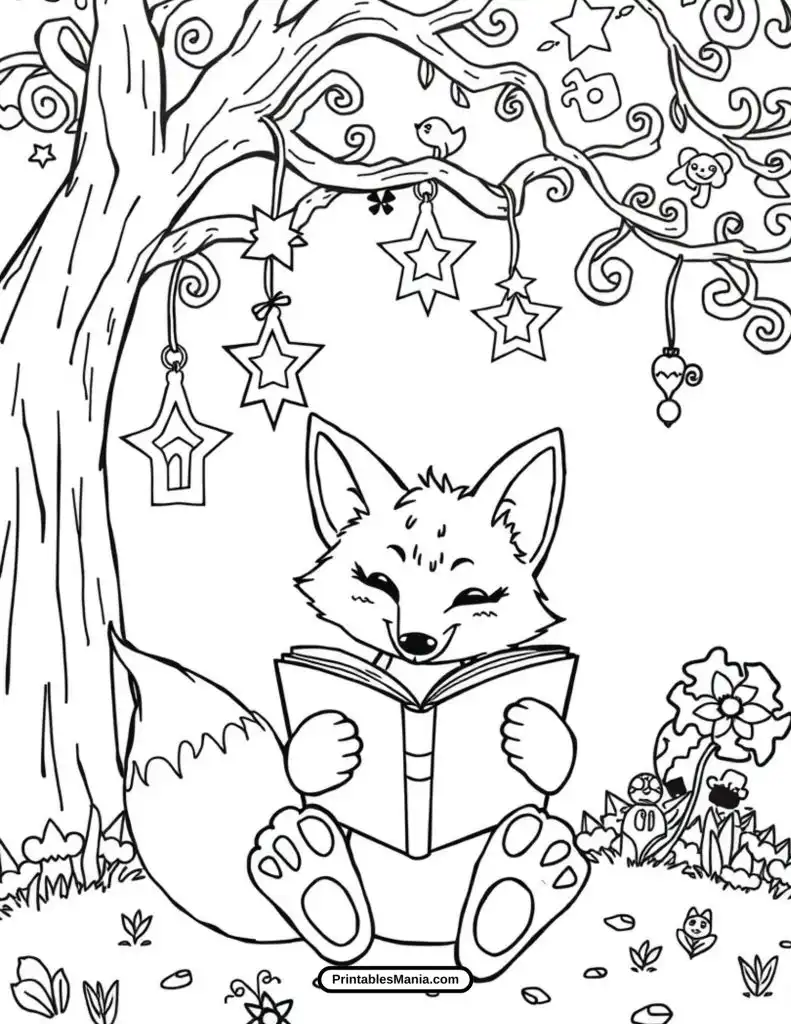 fox reading a book coloring page