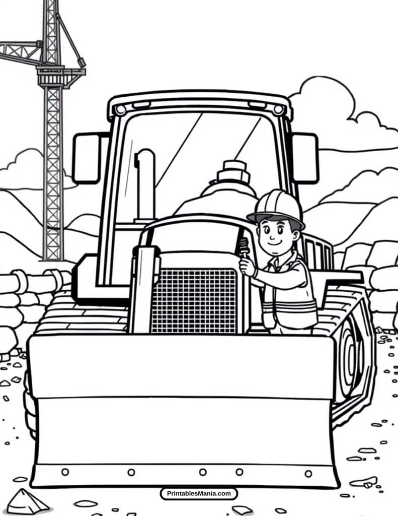 construction worker driving a bulldozer coloring sheet for kids