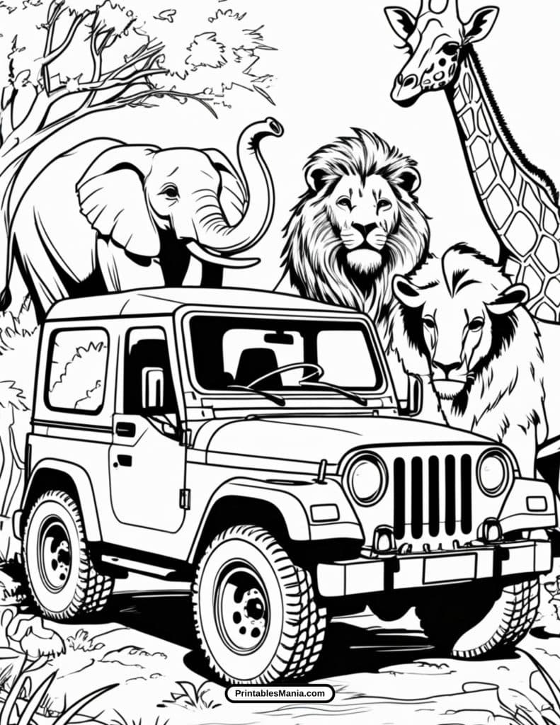 jeep in the jungle with exotic animals