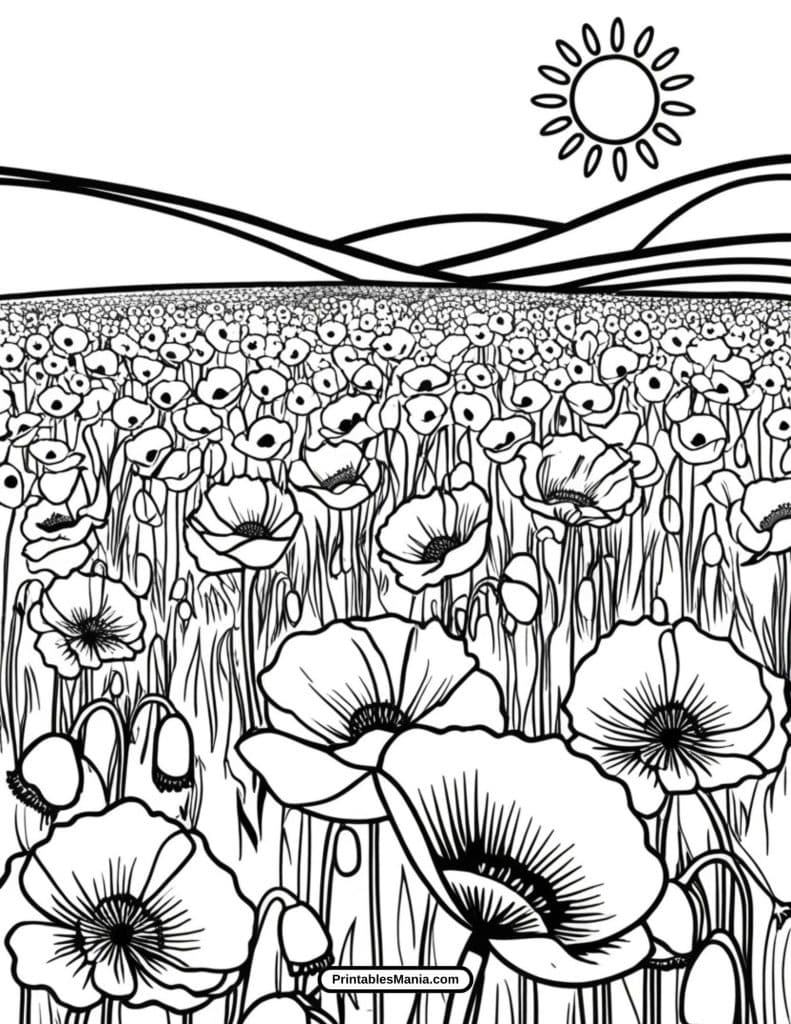 poppy field coloring sheet with artistic patterns