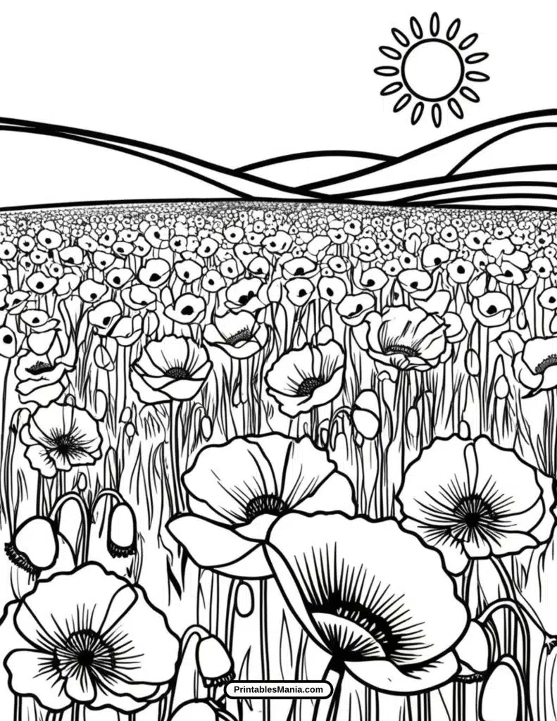 poppy field coloring sheet with artistic patterns