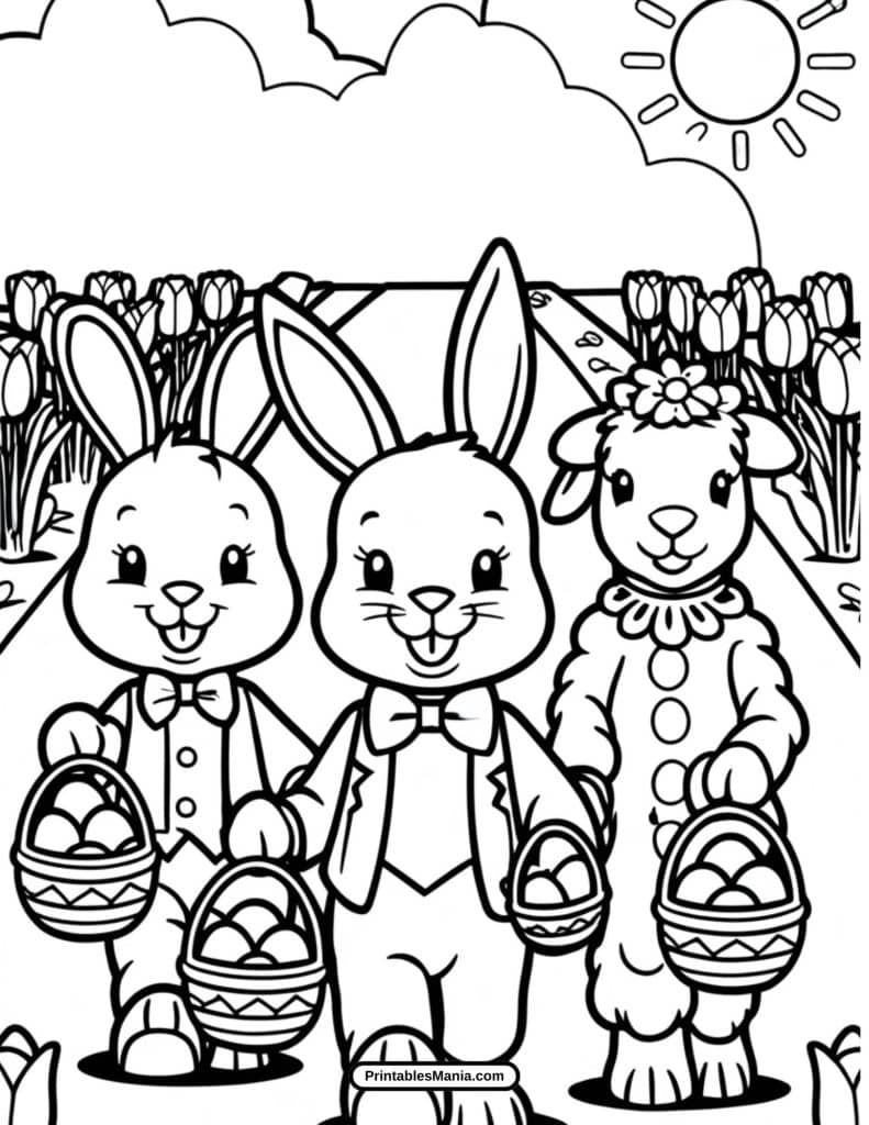 easter garden with bunnies coloring sheet