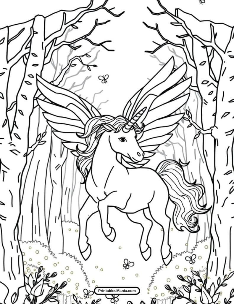 free unicorn with wings coloring page for kids