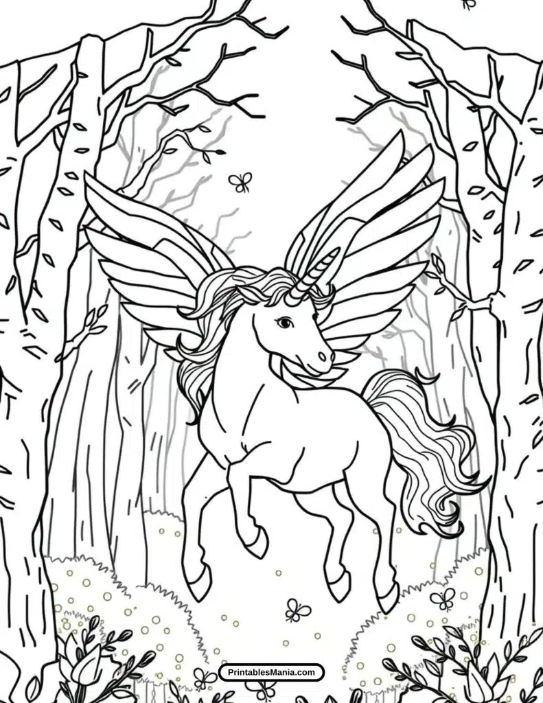 free unicorn with wings coloring page for kids