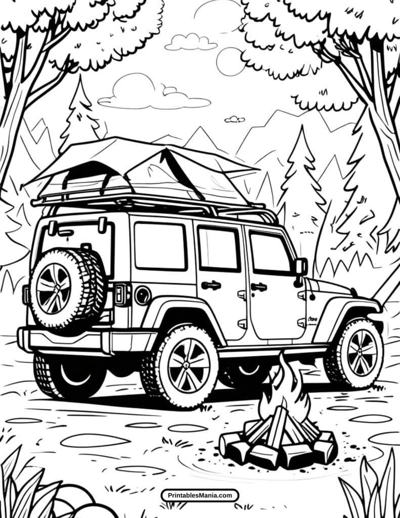 jeep and tent camping coloring page