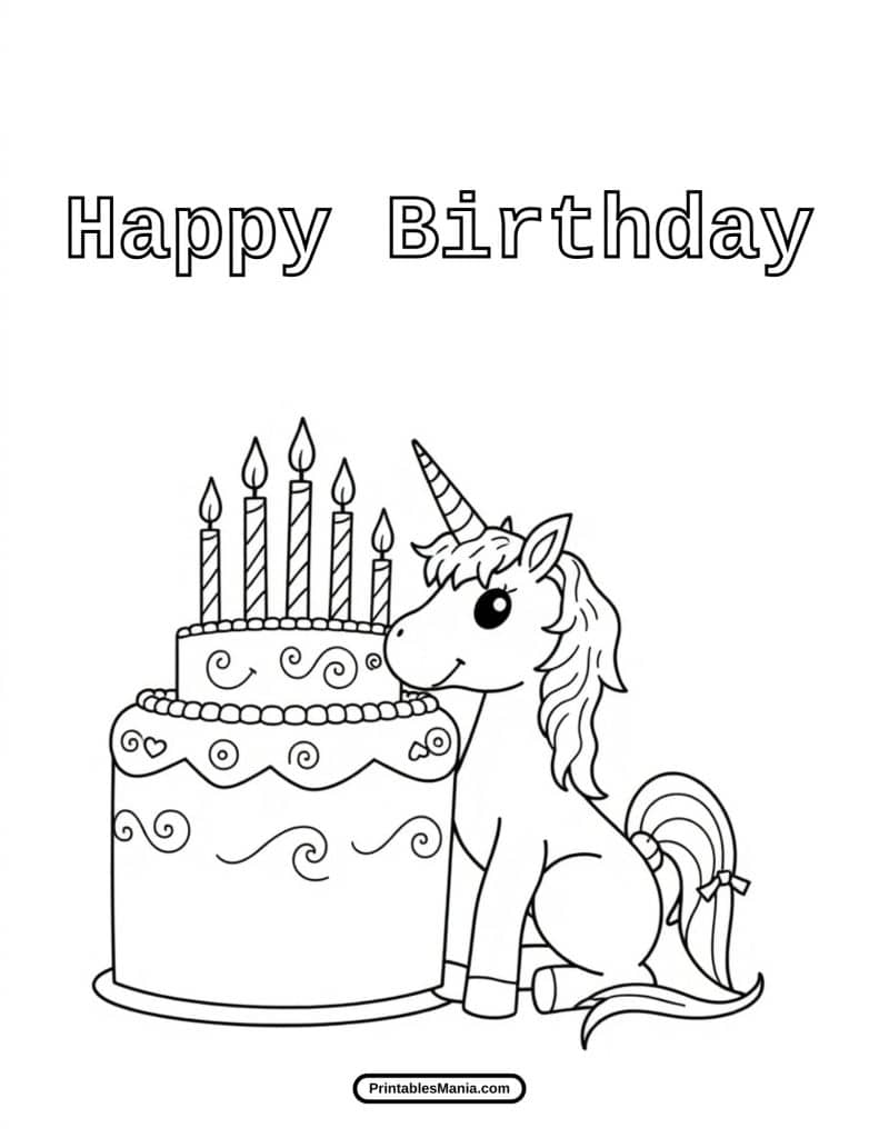 happy birthday unicorn coloring page