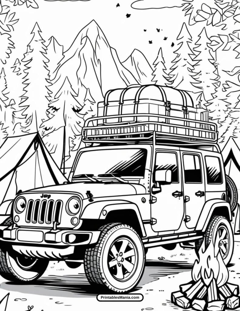 jeep and campfire outdoor adventure scene