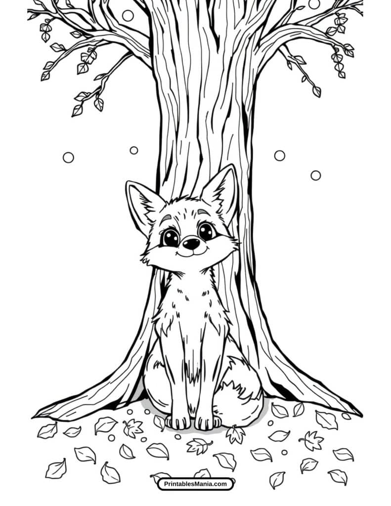 fox in the woods coloring page with trees and leaves