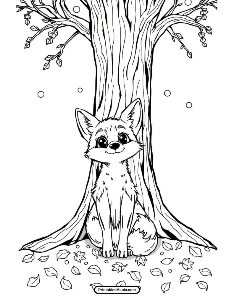 fox in the woods coloring page with trees and leaves