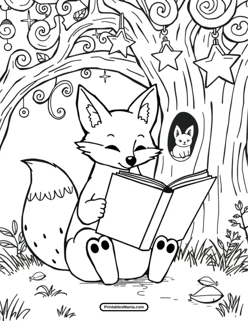 fox reads a book to the animals coloring page