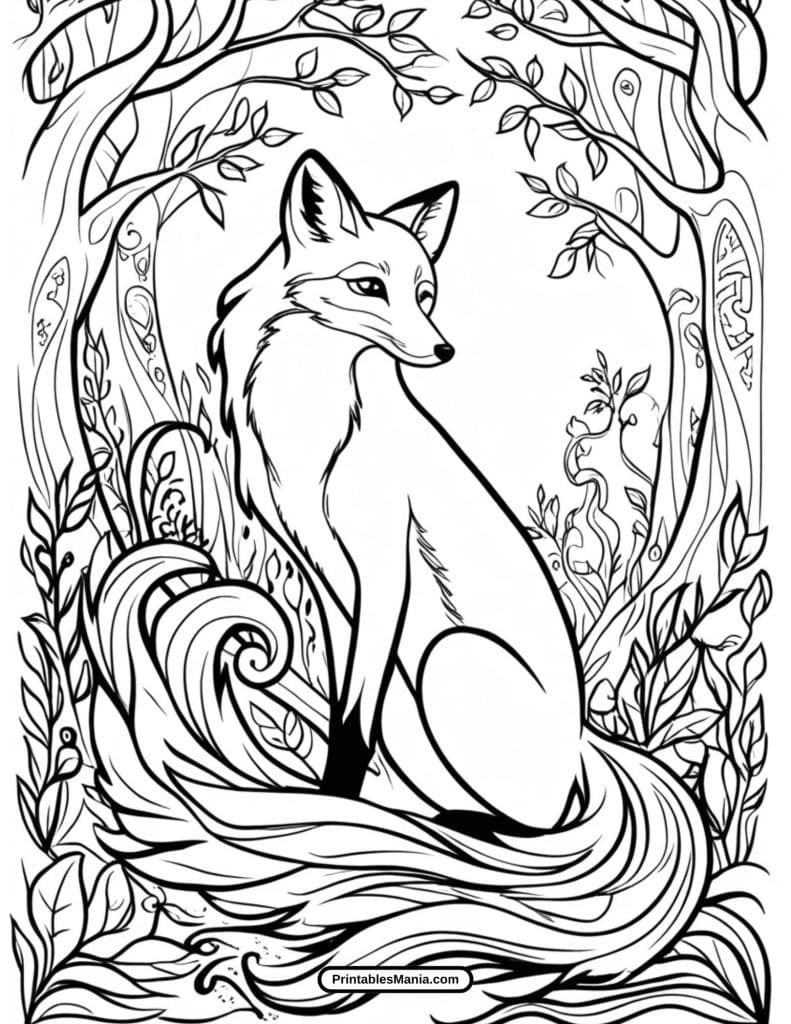 Fox in a magical forest coloring page