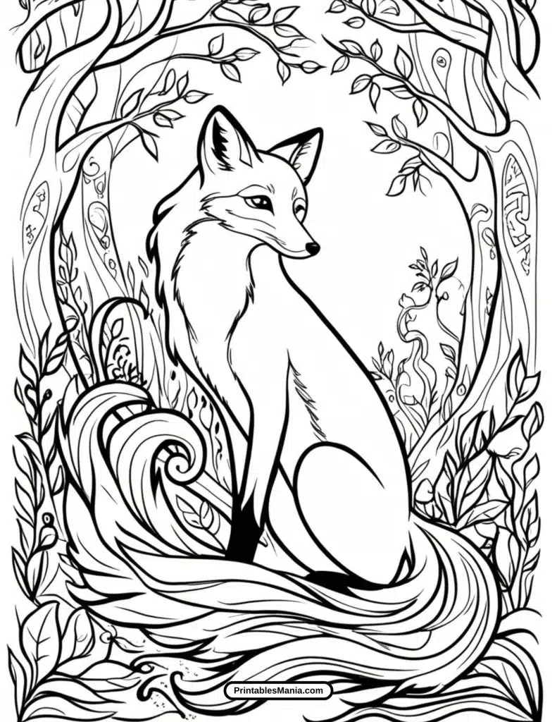 Fox in a magical forest coloring page