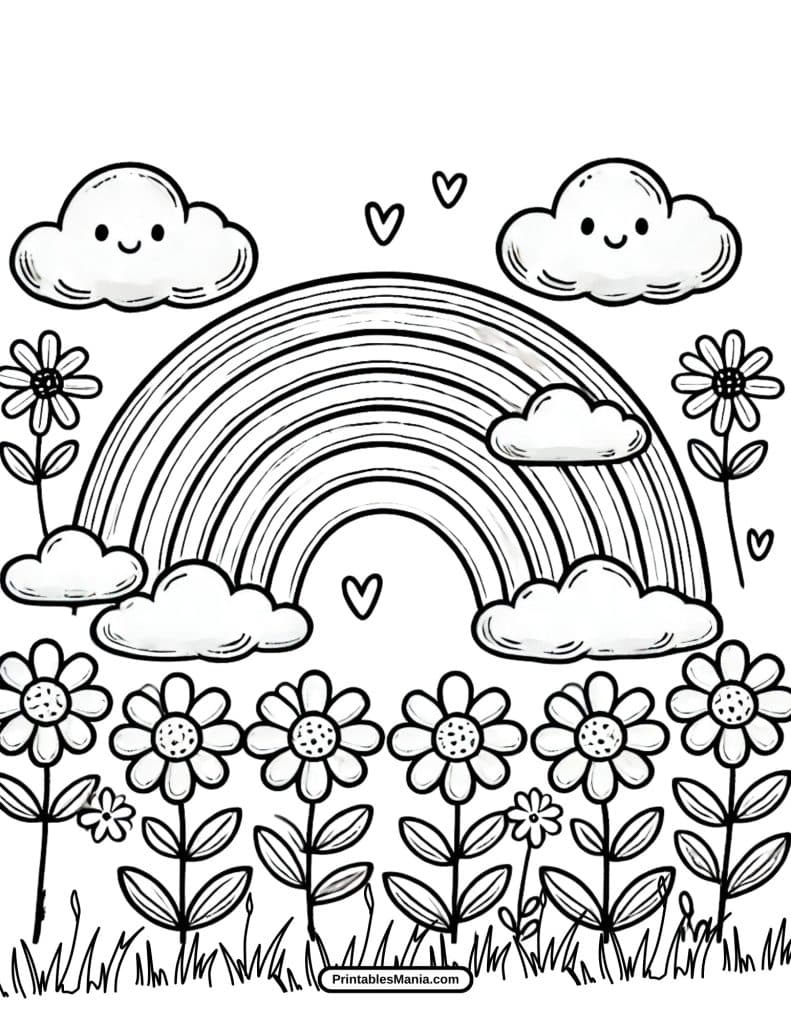 classic rainbow with clouds coloring page