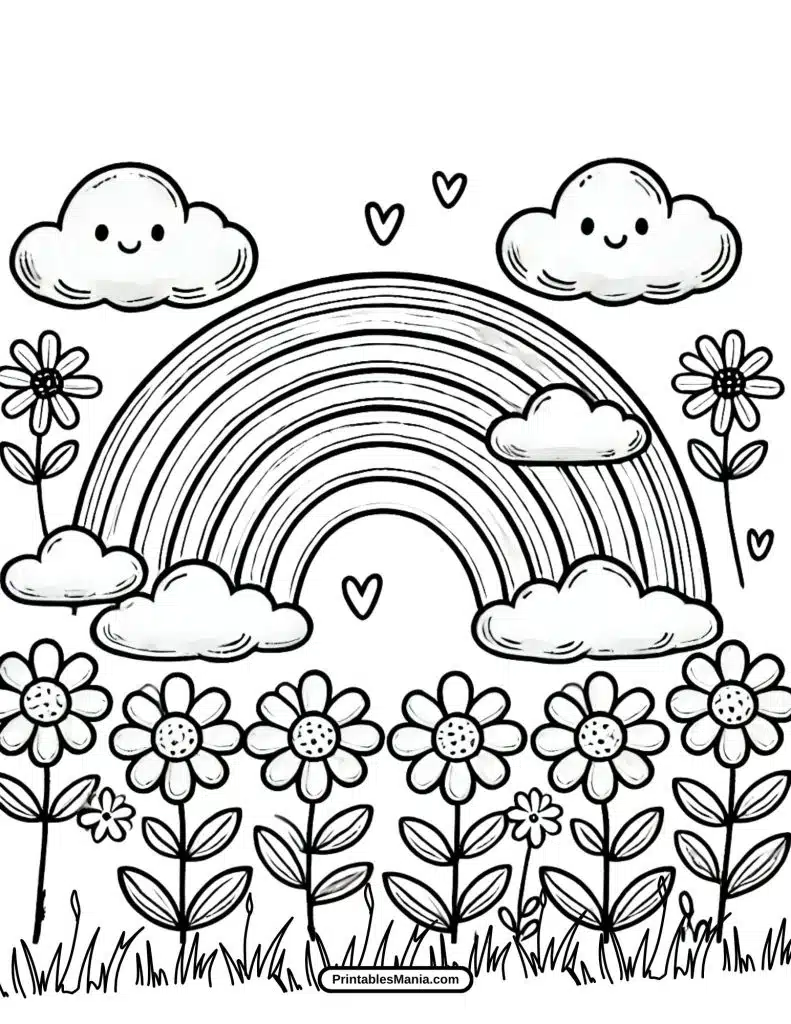 classic rainbow with clouds coloring page