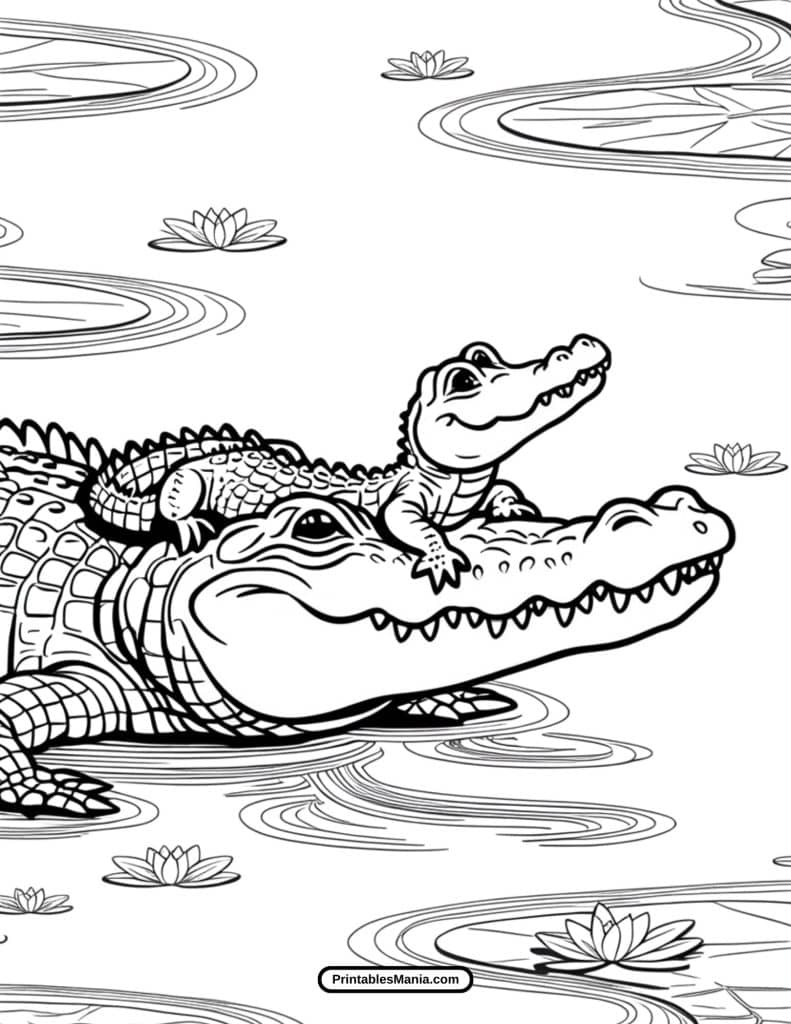 baby crocodile playing in water coloring page