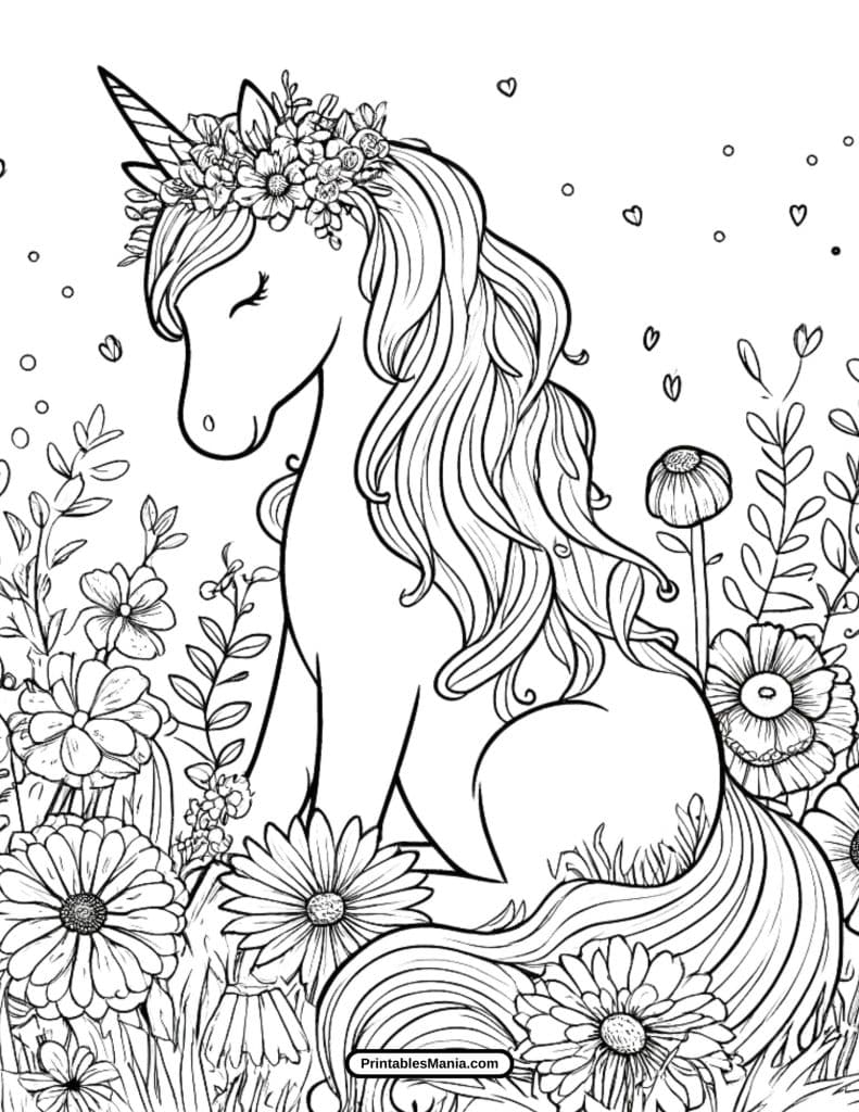 elegant unicorn with flowing mane coloring sheet