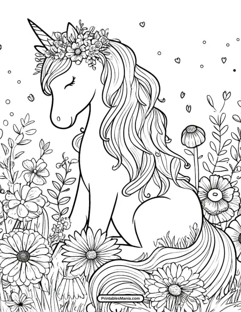 elegant unicorn with flowing mane coloring sheet