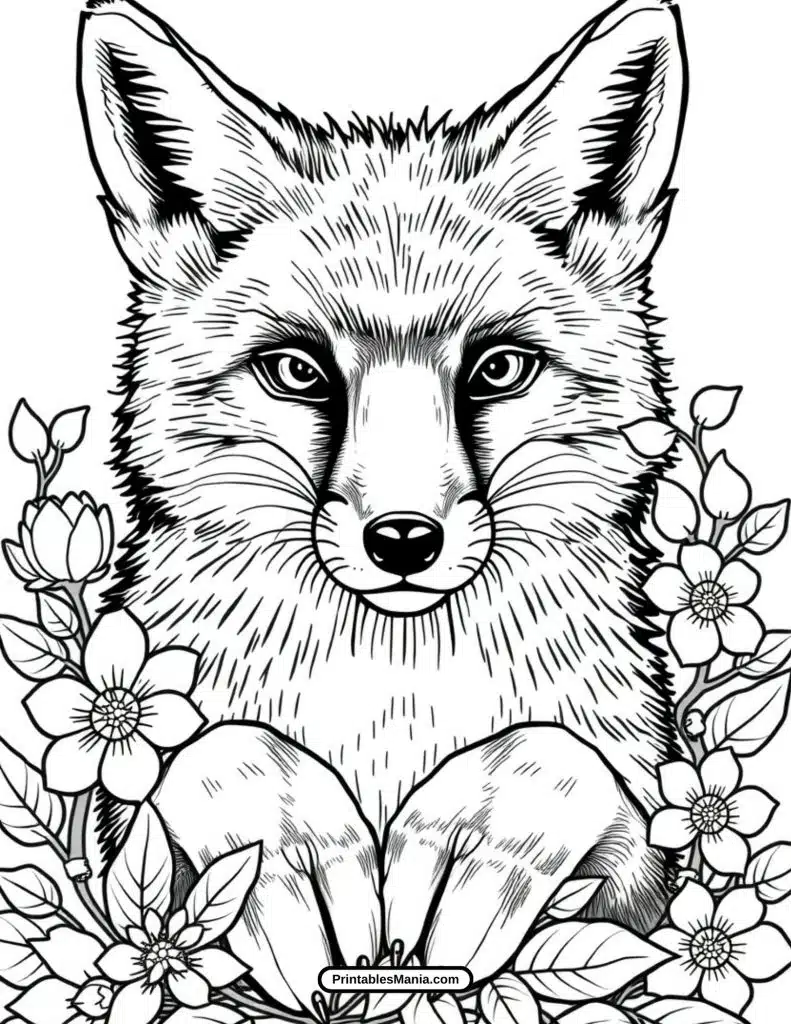 realistic fox coloring sheet with detailed fur patterns