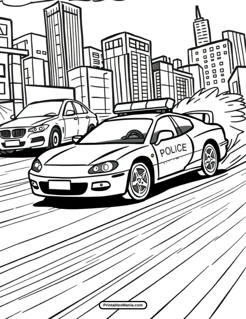 cartoon police car coloring page with bold outlines