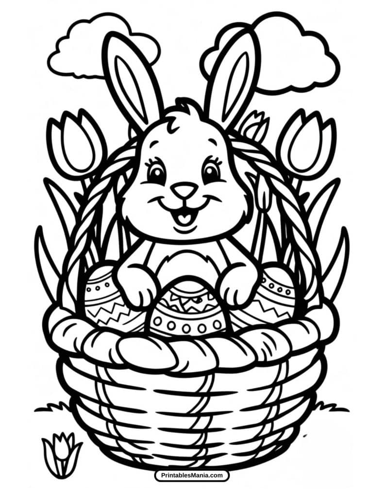 funny easter bunny and flowers coloring page