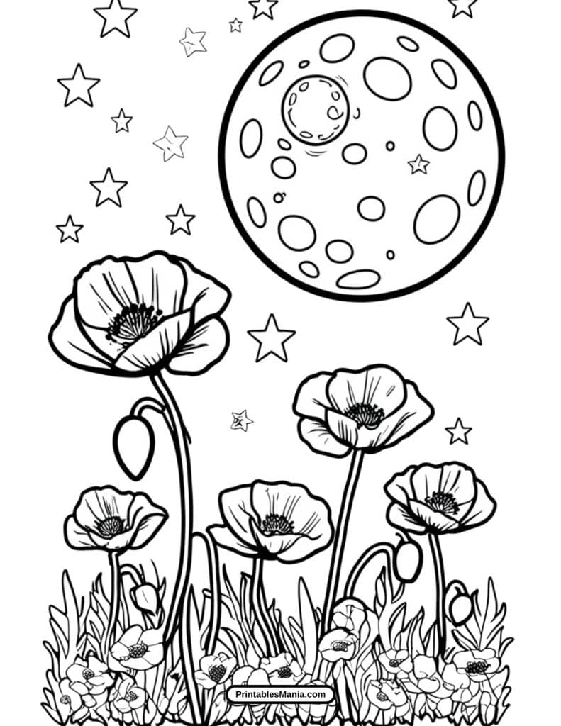 wild poppy field coloring page for creative fun