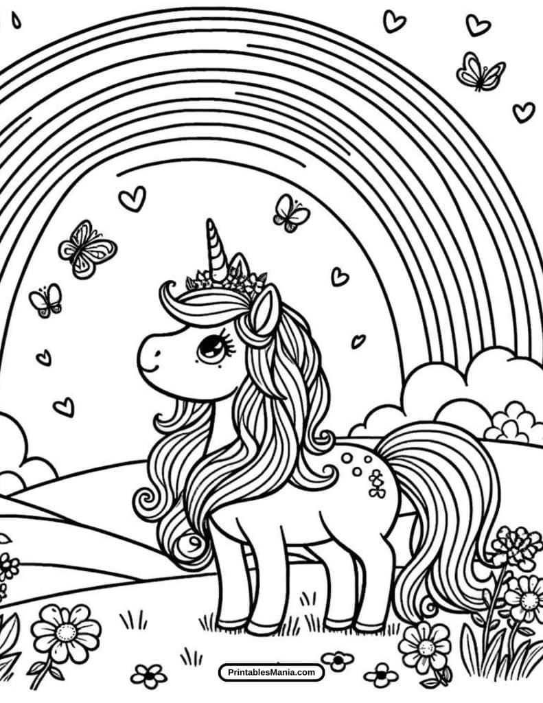 colorful unicorn with flowers coloring sheet