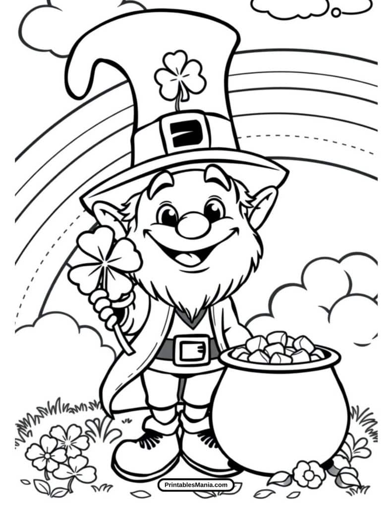 leprechaun coloring page with a cute cartoon leprechaun holding a pot of gold