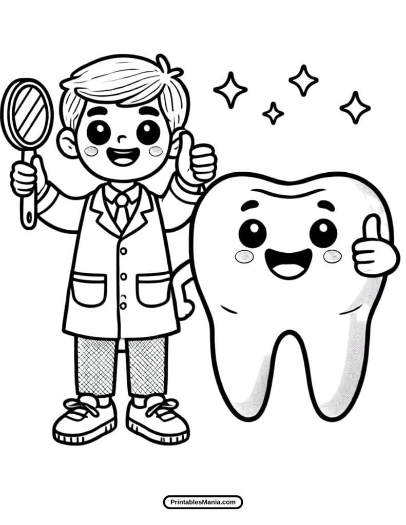 kids’ dentist visit coloring sheet with a friendly doctor